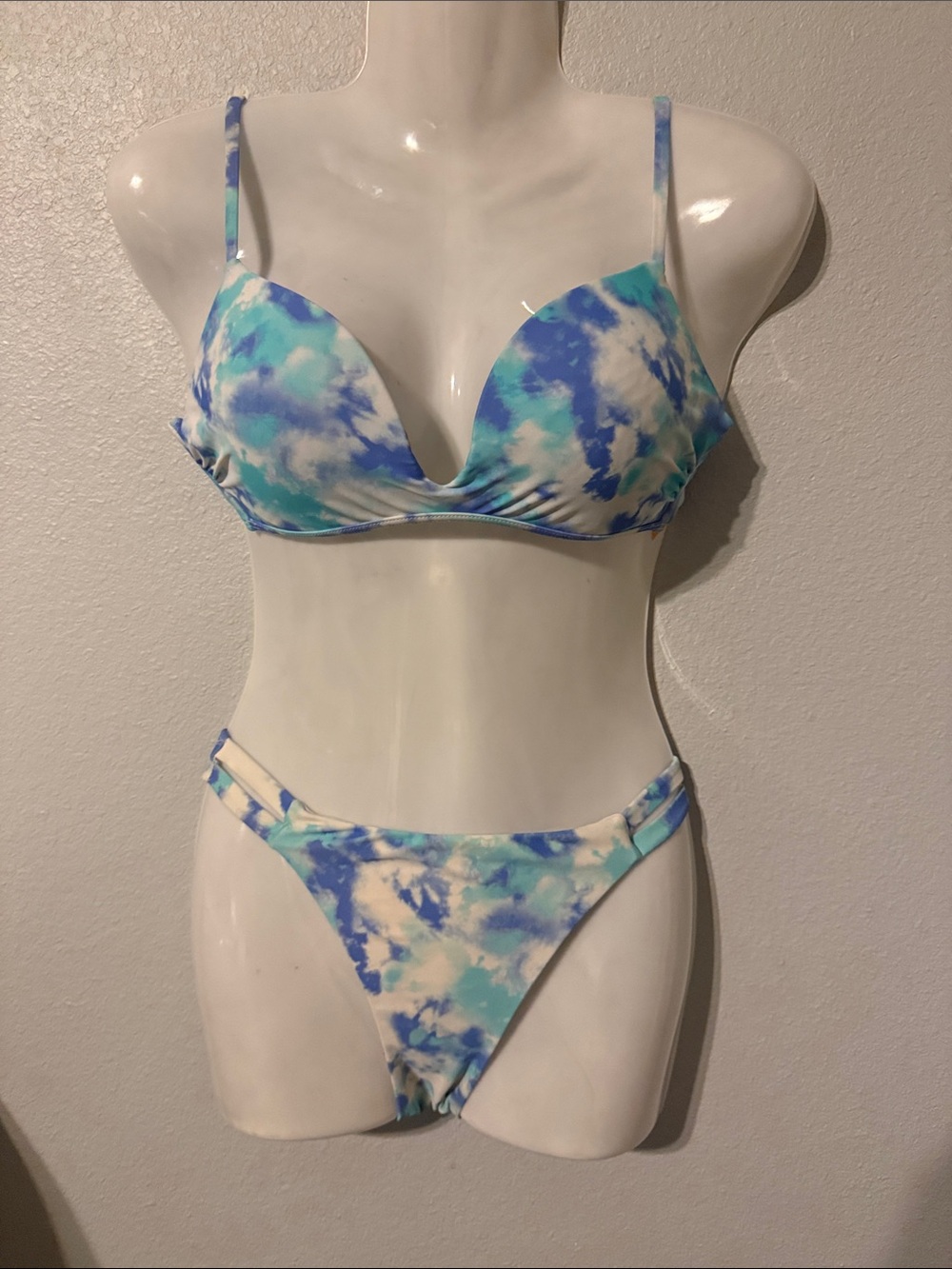 No Boundaries Blue Teal White Tie-Dye Bikini Set with Strappy Sides